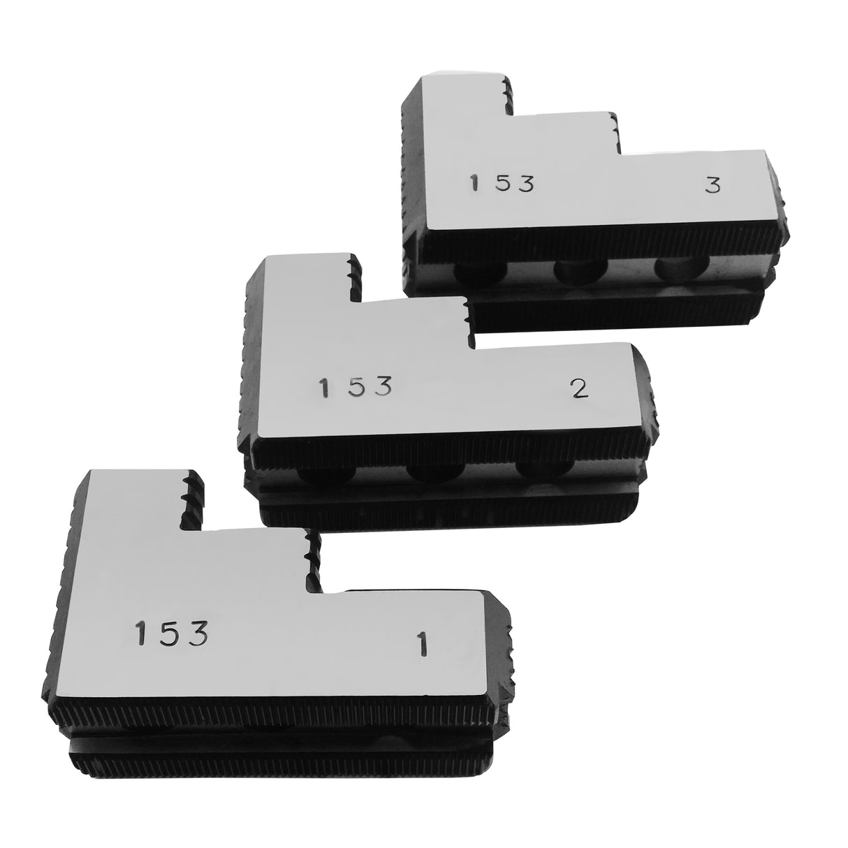 K-10C-HJ - 10" Lathe Chuck Double Stepped Hard Jaws for Kitagawa B-210/Samchully Chucks, Serrated (1.5 mm x 50), Steel, 3pc Set