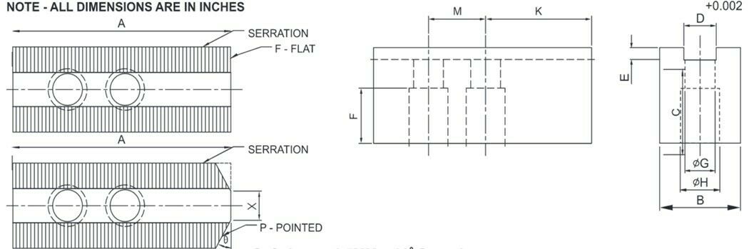 K-15C-2.55-SP - 15" Lathe Chuck Extra Long Pointed Steel Soft Jaws for Kitagawa (B-15), Samchully Power Chucks, 3 Pc Set
