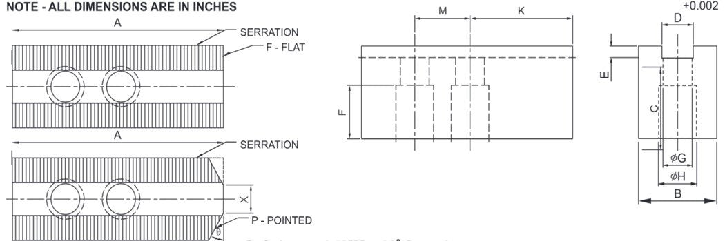 K-12C-2.8-SP - 12" Chuck Soft Jaws Set (3 Pcs), Steel, Pointed, 2" Height, 0.827" Groove/Slot Width - For 12" (B-212) Kitagawa/Samchully Power Lathe Chucks