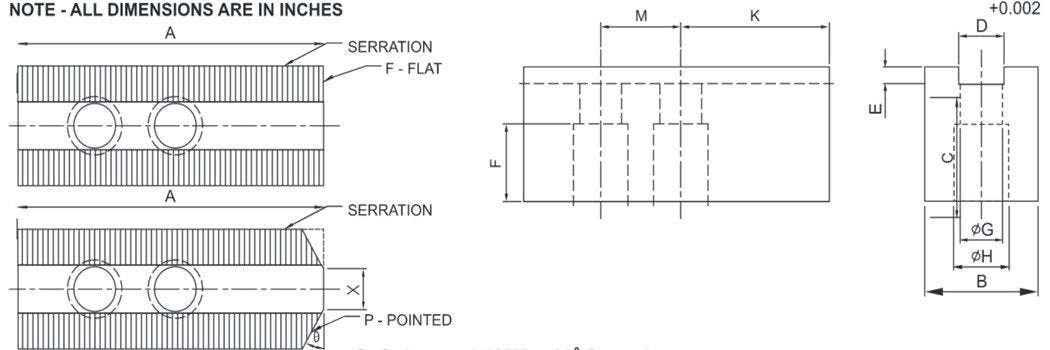 K-12C-3.8-SP - 12" Chuck Soft Jaws Set (3 Pcs), Steel, Pointed, 3.0" Height, 0.827" Groove/Slot Width - For 12" (B-212) Kitagawa/Samchully Power Lathe Chucks